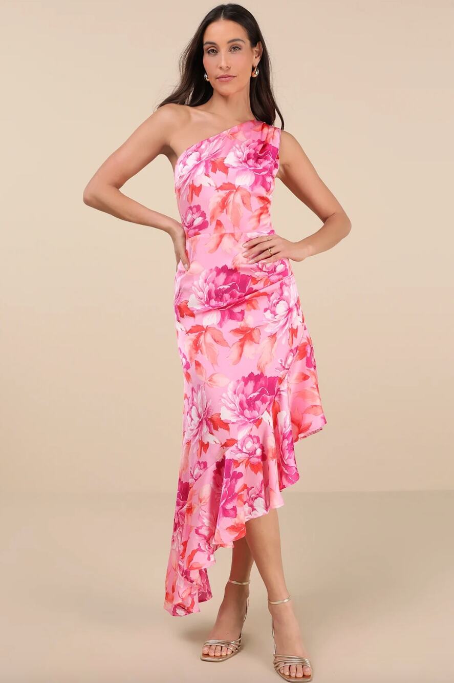Lulus Divinely Blooming Pink Multi Floral One-Shoulder Midi Dress Party XS NWT